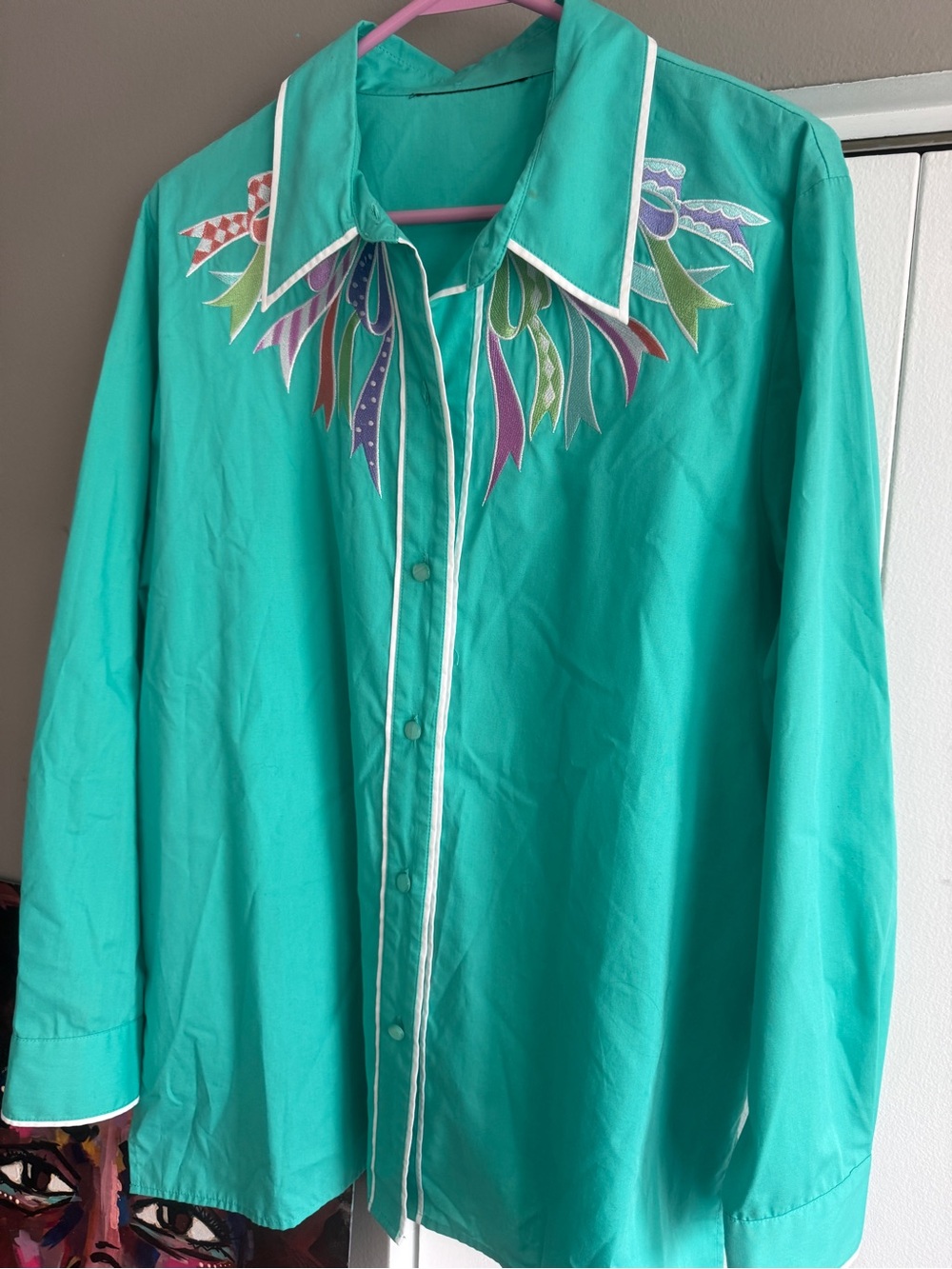 Vintage Bob Mackie Wearable Art Teal Western Ribbon Shirt - XL - Picture 5 of 10
